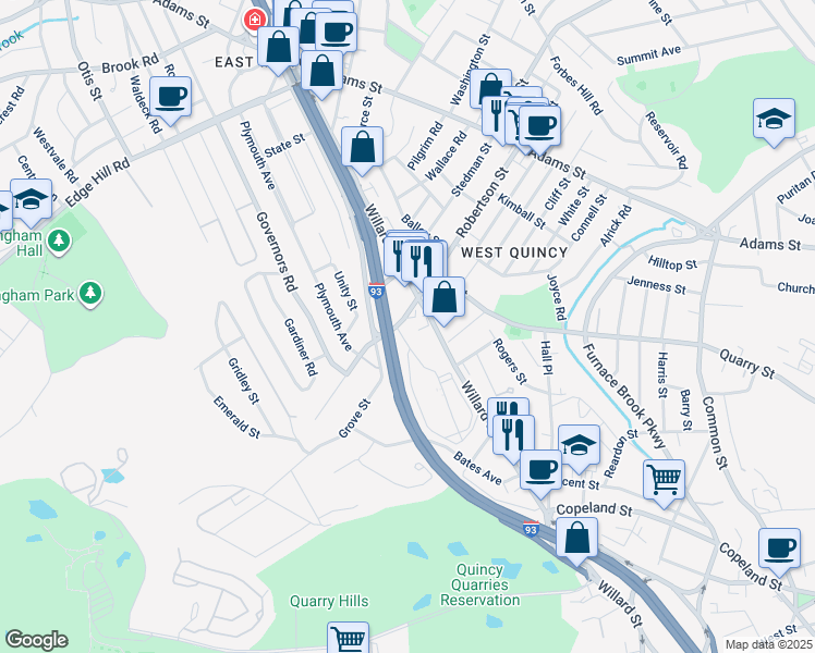 map of restaurants, bars, coffee shops, grocery stores, and more near 178 Robertson Street in Quincy