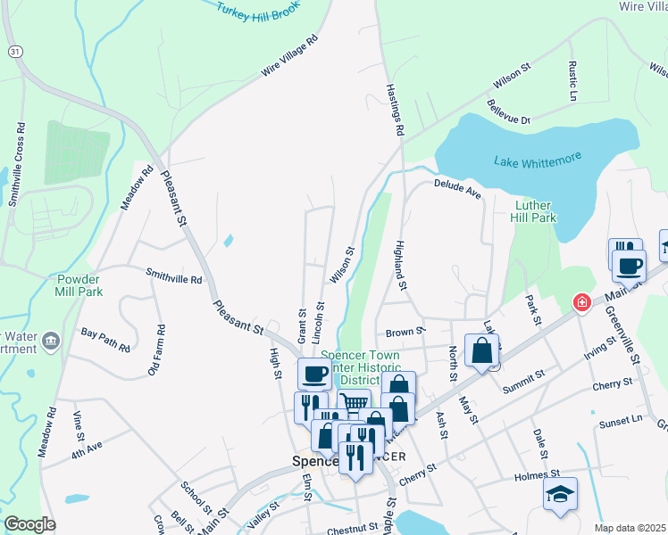map of restaurants, bars, coffee shops, grocery stores, and more near 6 Wilson Street in Spencer