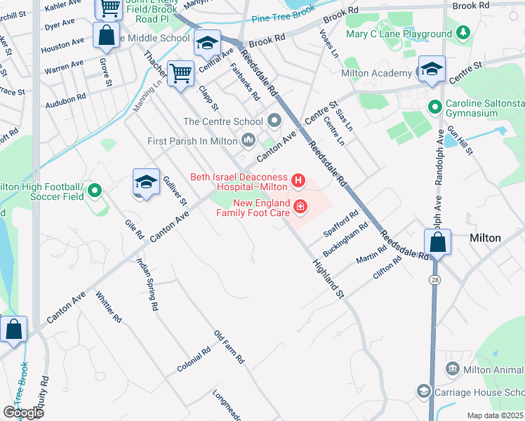 map of restaurants, bars, coffee shops, grocery stores, and more near 59 Highland Street in Milton