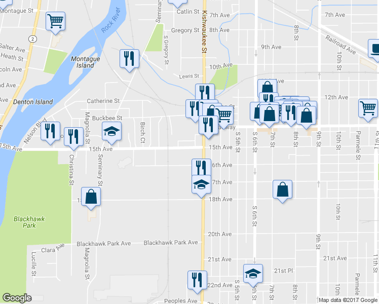 map of restaurants, bars, coffee shops, grocery stores, and more near 625 15th Ave in Rockford