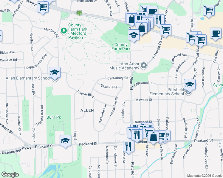 map of restaurants, bars, coffee shops, grocery stores, and more near 2808 Beacon Hill in Ann Arbor