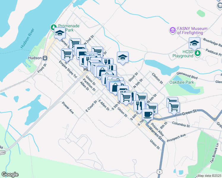 map of restaurants, bars, coffee shops, grocery stores, and more near 414 Warren Street in Hudson