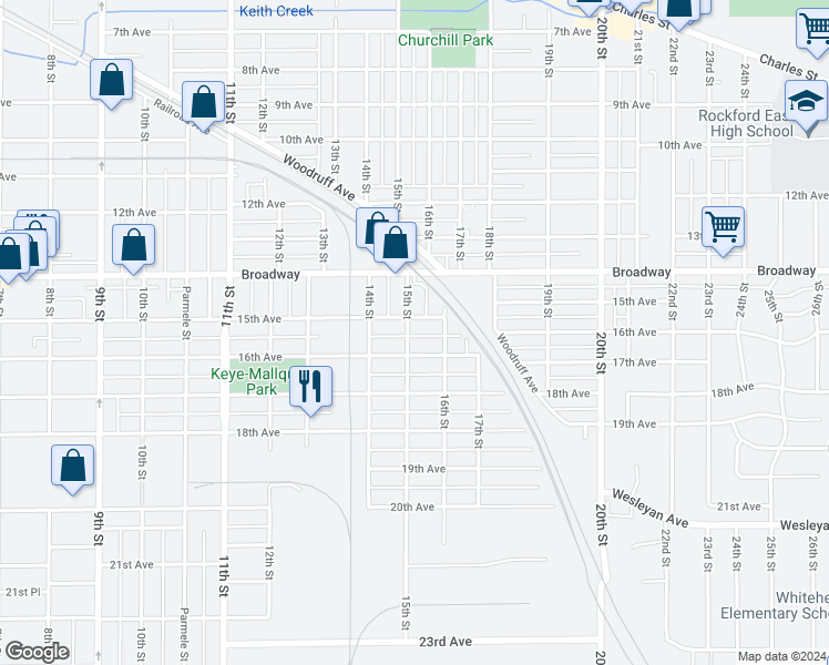 map of restaurants, bars, coffee shops, grocery stores, and more near 1614 15th Street in Rockford