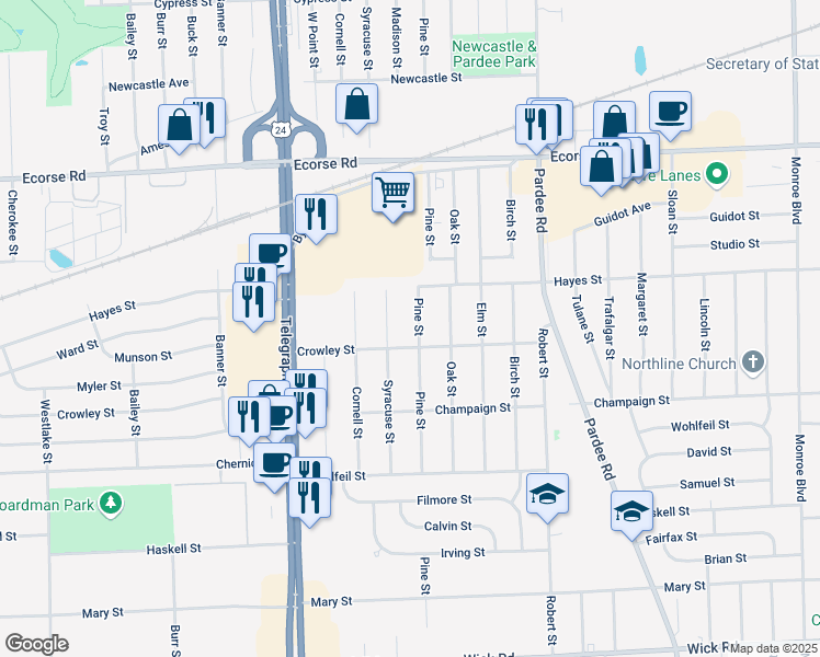 map of restaurants, bars, coffee shops, grocery stores, and more near 7950 Pine Street in Taylor