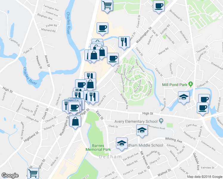 map of restaurants, bars, coffee shops, grocery stores, and more near 45 Harvard Street in Dedham