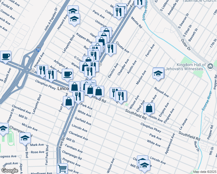 map of restaurants, bars, coffee shops, grocery stores, and more near 1703 Electric Avenue in Lincoln Park