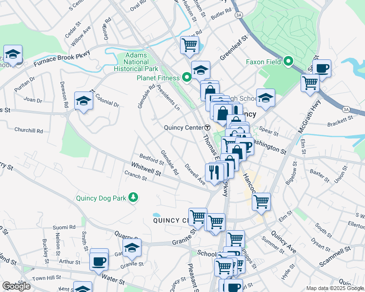 map of restaurants, bars, coffee shops, grocery stores, and more near 11 Avon Way in Quincy