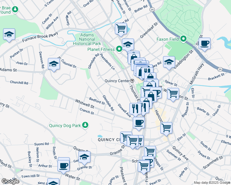 map of restaurants, bars, coffee shops, grocery stores, and more near 11 Avon Way in Quincy