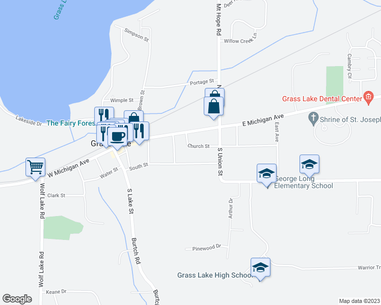 map of restaurants, bars, coffee shops, grocery stores, and more near 635 Church Street in Grass Lake Charter Township