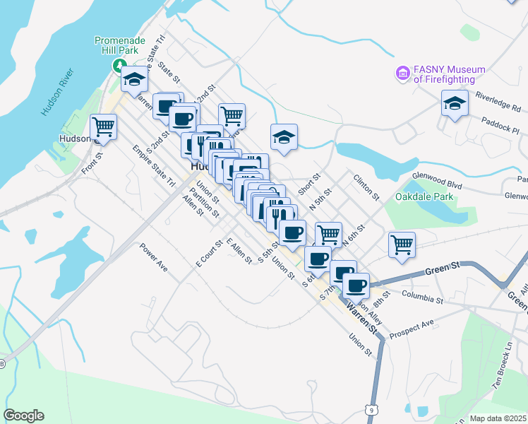 map of restaurants, bars, coffee shops, grocery stores, and more near 422 Warren Street in Hudson