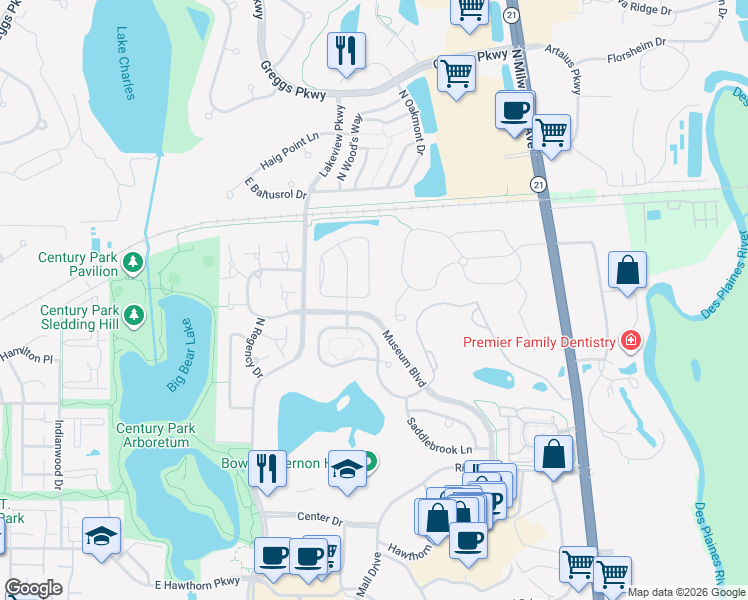 map of restaurants, bars, coffee shops, grocery stores, and more near 476 Pine Lake Circle in Vernon Hills