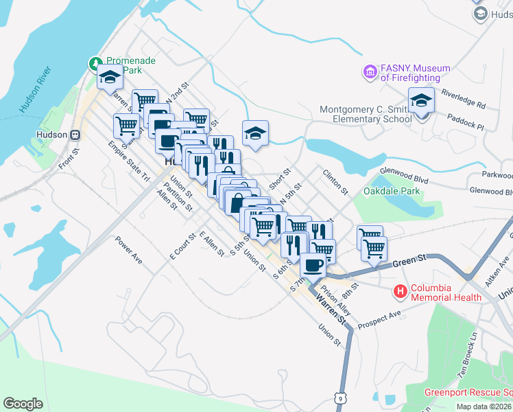 map of restaurants, bars, coffee shops, grocery stores, and more near 442 Columbia Street in Hudson