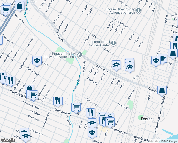 map of restaurants, bars, coffee shops, grocery stores, and more near 4266 12th Street in Ecorse