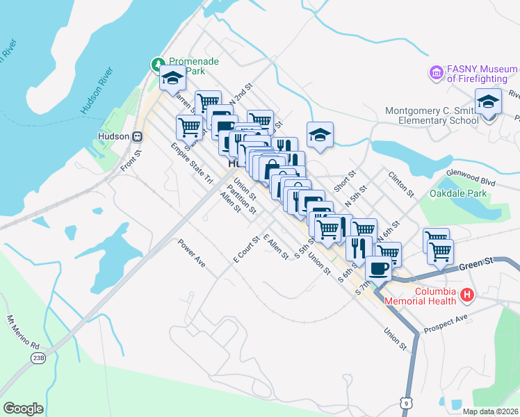 map of restaurants, bars, coffee shops, grocery stores, and more near 359 Union Street in Hudson