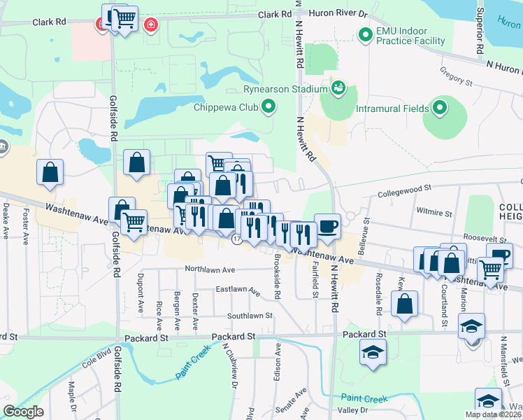 map of restaurants, bars, coffee shops, grocery stores, and more near 2610 Collegewood Street in Ypsilanti