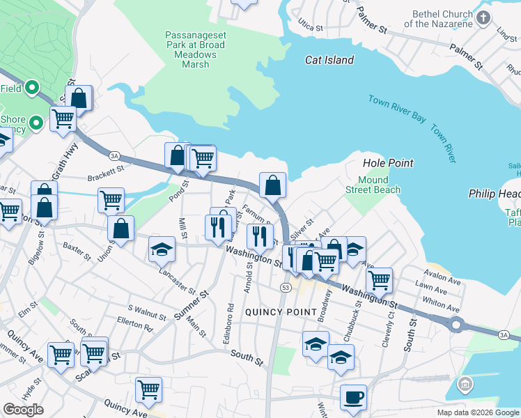 map of restaurants, bars, coffee shops, grocery stores, and more near 20 Farnum Street in Quincy