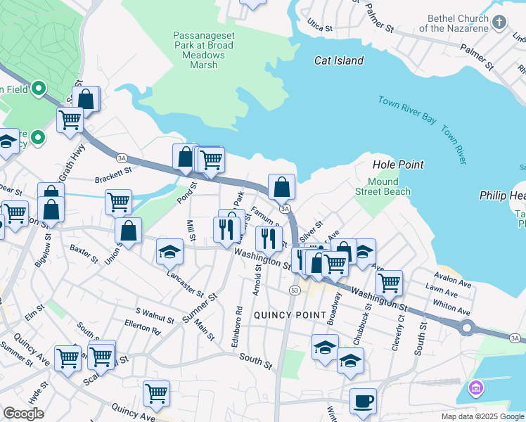 map of restaurants, bars, coffee shops, grocery stores, and more near 20 Farnum Street in Quincy