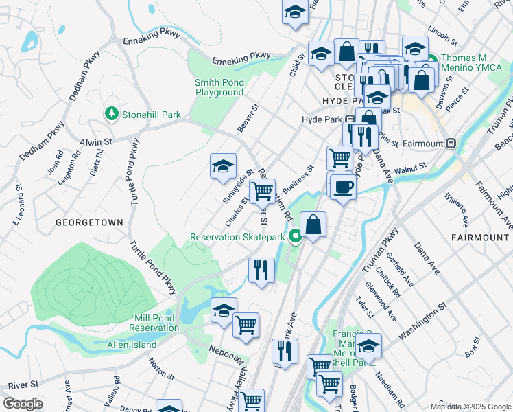 map of restaurants, bars, coffee shops, grocery stores, and more near 4 Hillis Road in Boston