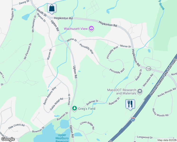 map of restaurants, bars, coffee shops, grocery stores, and more near 40 Upton Road in Westborough