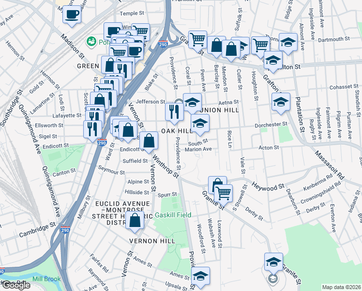 map of restaurants, bars, coffee shops, grocery stores, and more near 122 Providence Street in Worcester