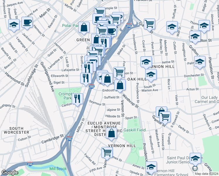 map of restaurants, bars, coffee shops, grocery stores, and more near 128 Endicott Street in Worcester
