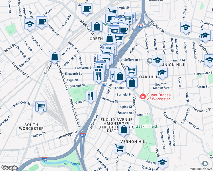 map of restaurants, bars, coffee shops, grocery stores, and more near 90 Endicott Street in Worcester