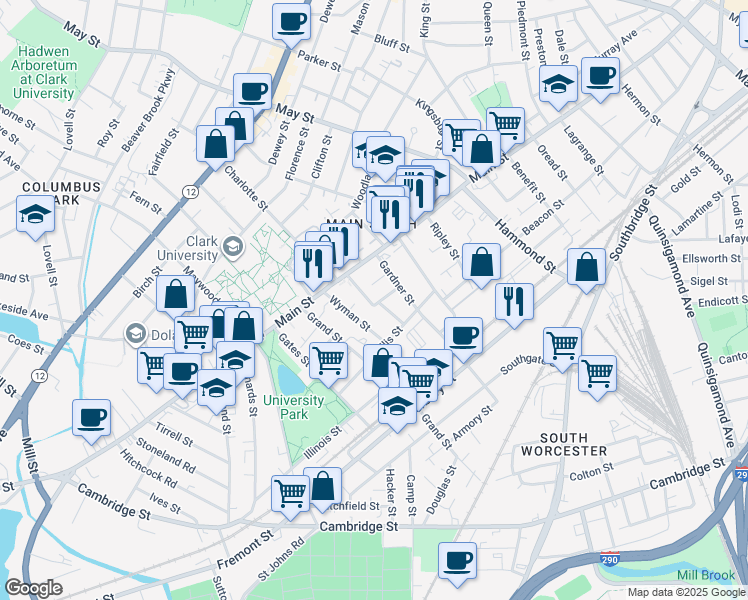 map of restaurants, bars, coffee shops, grocery stores, and more near 16 Hancock Street in Worcester