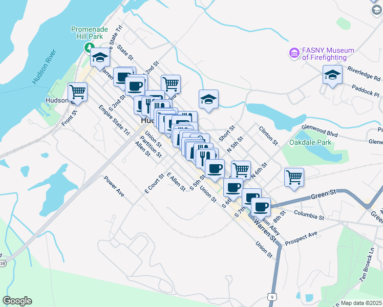 map of restaurants, bars, coffee shops, grocery stores, and more near 429 Warren Street in Hudson
