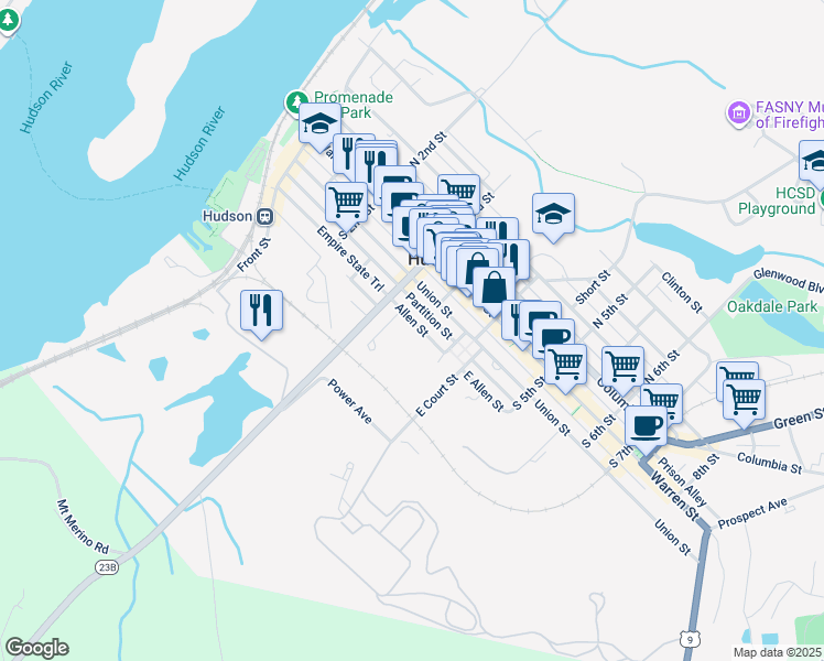 map of restaurants, bars, coffee shops, grocery stores, and more near 325 Allen St in Hudson