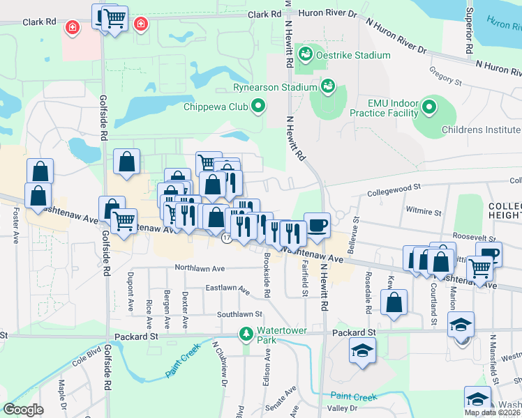 map of restaurants, bars, coffee shops, grocery stores, and more near 2610 Collegewood Street in Ypsilanti