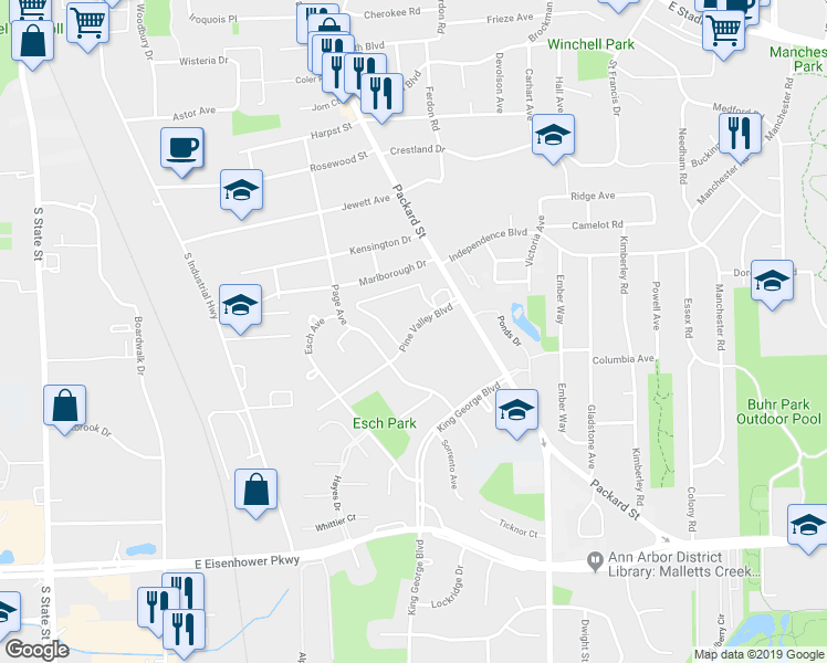 map of restaurants, bars, coffee shops, grocery stores, and more near 1507 Pine Valley Boulevard in Ann Arbor