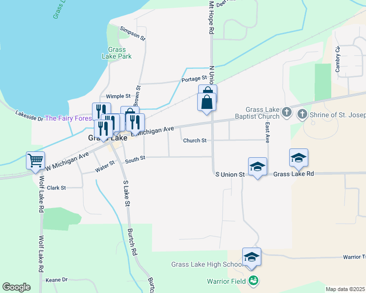 map of restaurants, bars, coffee shops, grocery stores, and more near 524 South Street in Grass Lake