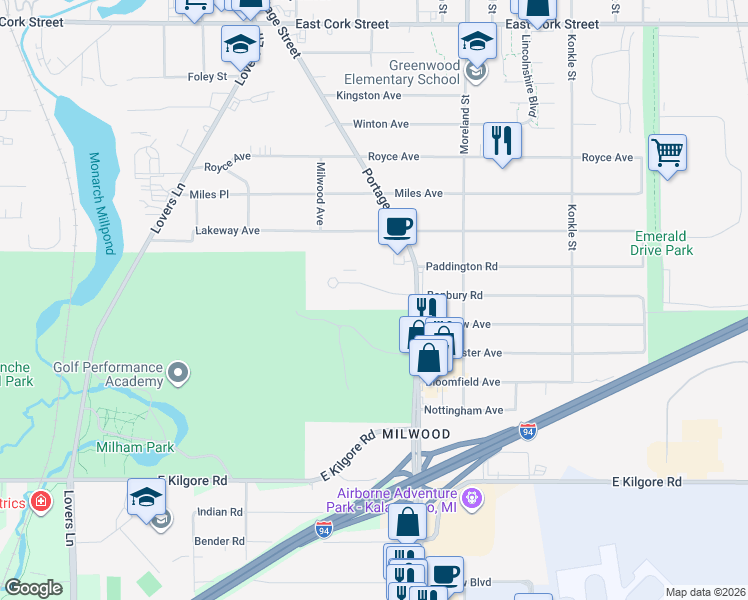 map of restaurants, bars, coffee shops, grocery stores, and more near 1412 Banbury Road in Kalamazoo
