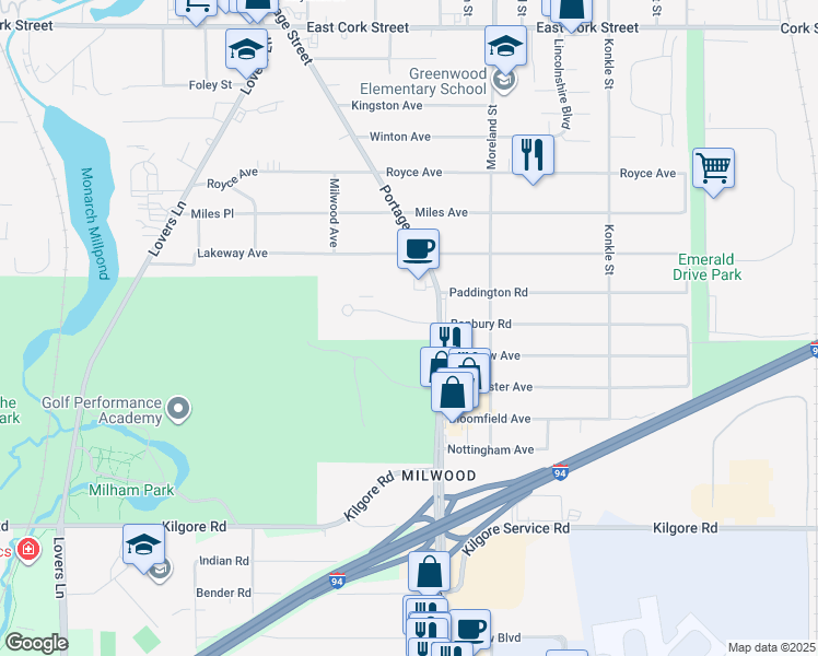 map of restaurants, bars, coffee shops, grocery stores, and more near 1412 Banbury Road in Kalamazoo