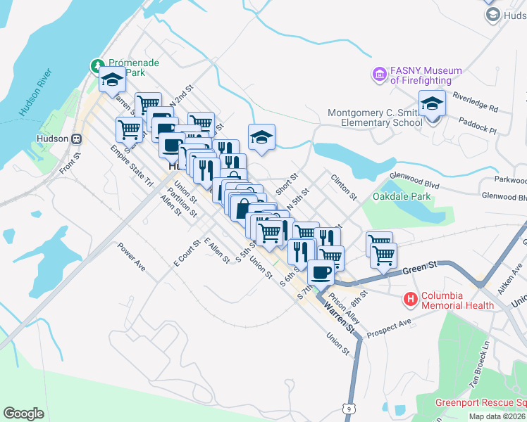map of restaurants, bars, coffee shops, grocery stores, and more near 452 Warren Street in Hudson