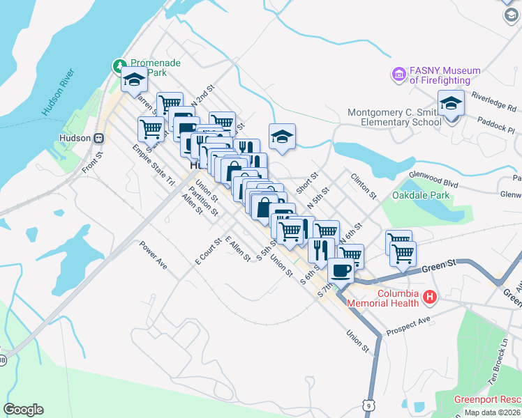 map of restaurants, bars, coffee shops, grocery stores, and more near 429 Warren Street in Hudson