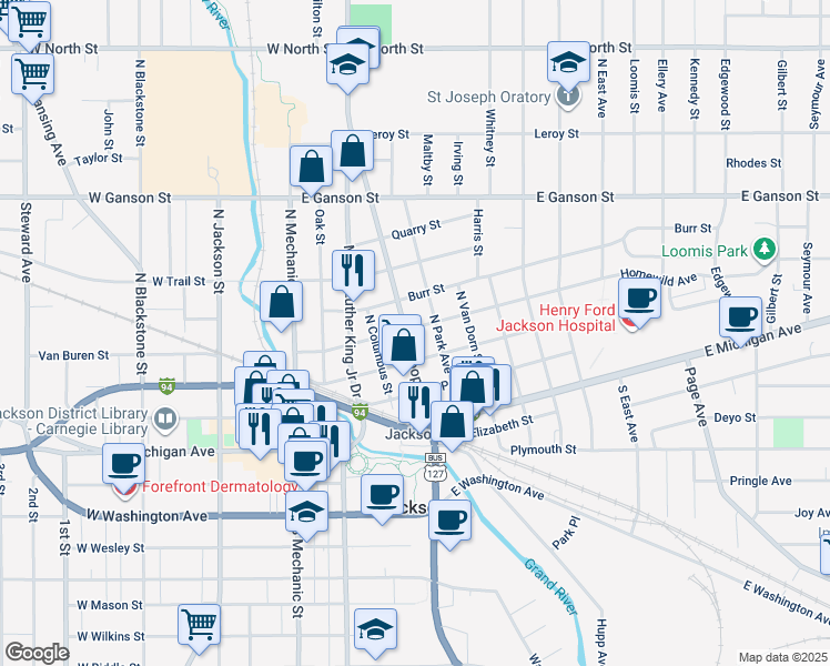 map of restaurants, bars, coffee shops, grocery stores, and more near 365 Cooper Street in Jackson