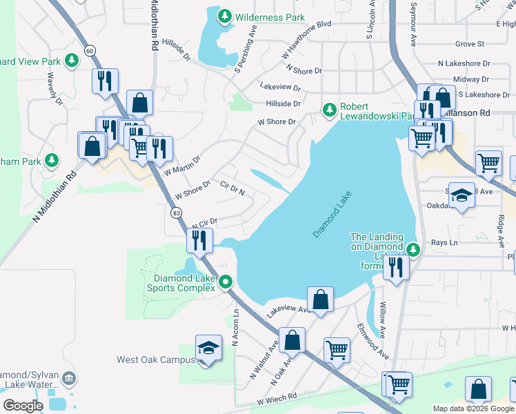 map of restaurants, bars, coffee shops, grocery stores, and more near 26705 Oakdale Lane in Mundelein