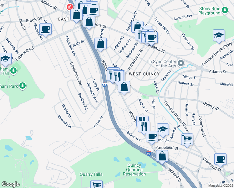 map of restaurants, bars, coffee shops, grocery stores, and more near 178 Robertson Street in Quincy
