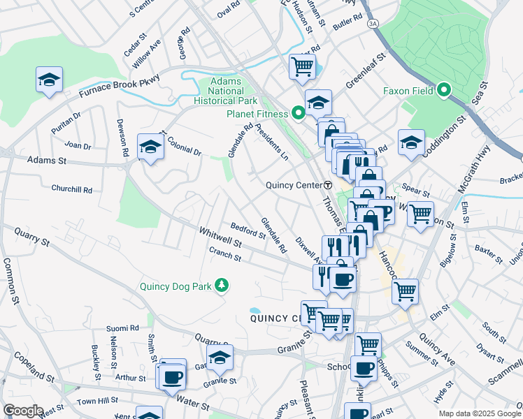 map of restaurants, bars, coffee shops, grocery stores, and more near 111 Glendale Road in Quincy