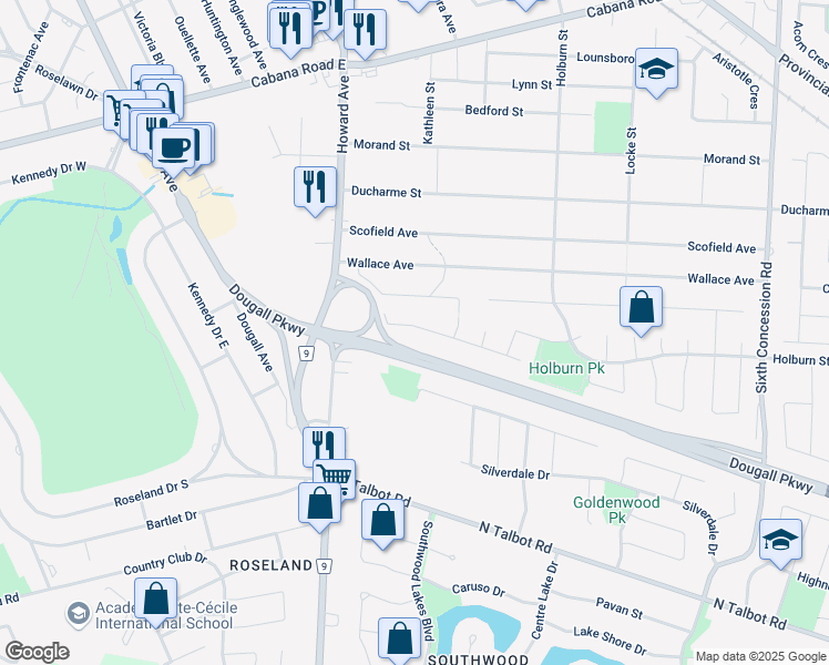 map of restaurants, bars, coffee shops, grocery stores, and more near 593 Sarah Court in Windsor