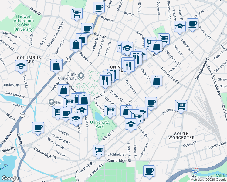 map of restaurants, bars, coffee shops, grocery stores, and more near 3 Wyman Street in Worcester