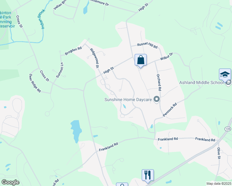 map of restaurants, bars, coffee shops, grocery stores, and more near 50 Braeburn Lane in Ashland