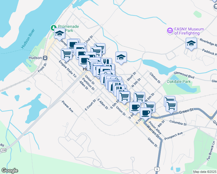 map of restaurants, bars, coffee shops, grocery stores, and more near 414 Warren Street in Hudson