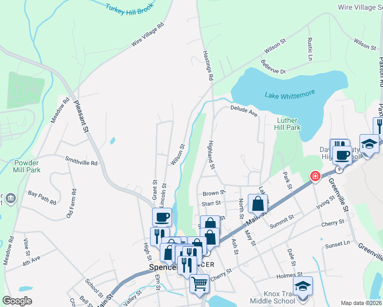 map of restaurants, bars, coffee shops, grocery stores, and more near 8 Wilson Street in Spencer