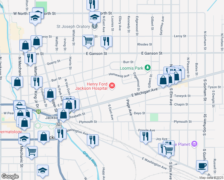 map of restaurants, bars, coffee shops, grocery stores, and more near 205 North East Avenue in Jackson