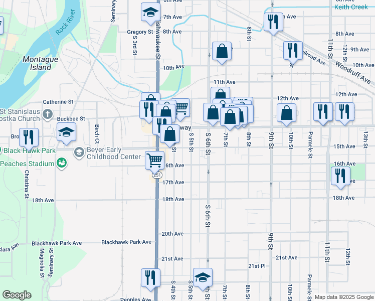 map of restaurants, bars, coffee shops, grocery stores, and more near 1603 South 5th Street in Rockford