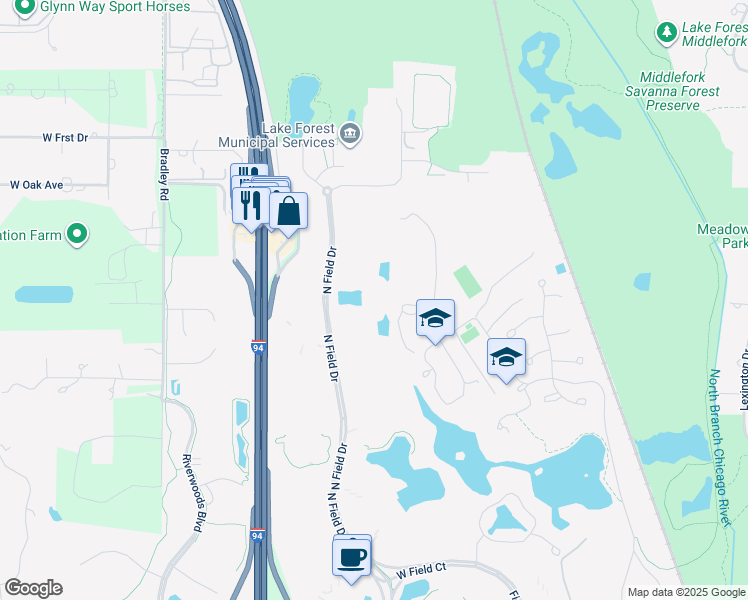 map of restaurants, bars, coffee shops, grocery stores, and more near 675 North Field Drive in Lake Forest