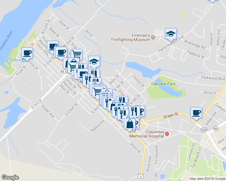 map of restaurants, bars, coffee shops, grocery stores, and more near 487 State Street in Hudson