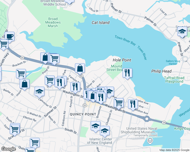 map of restaurants, bars, coffee shops, grocery stores, and more near 44 Silver Street in Quincy